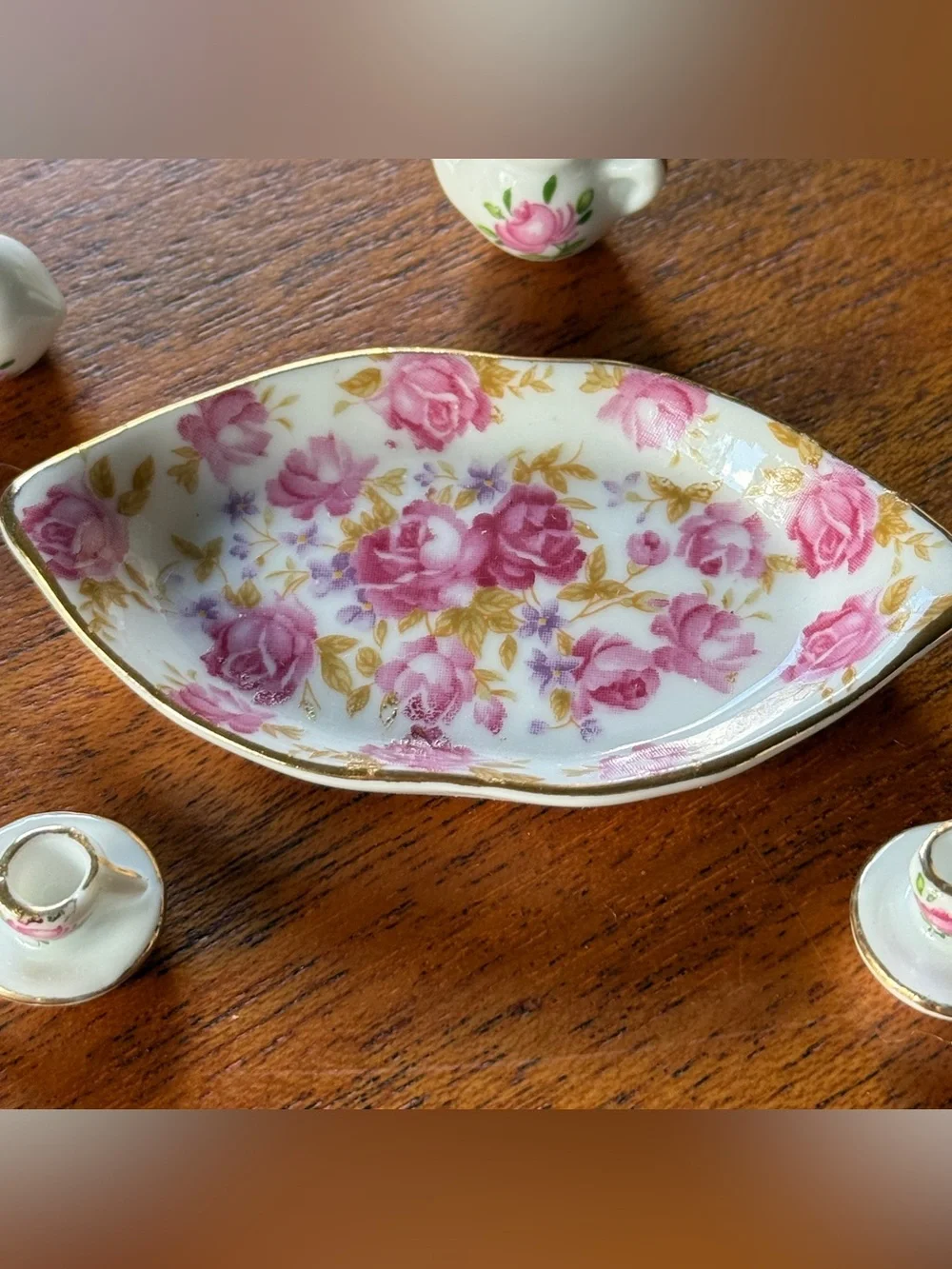 NIB Vintage Miniature Porcelain 6 Piece Tea Set With Pink Rose Pattern Gold Trim